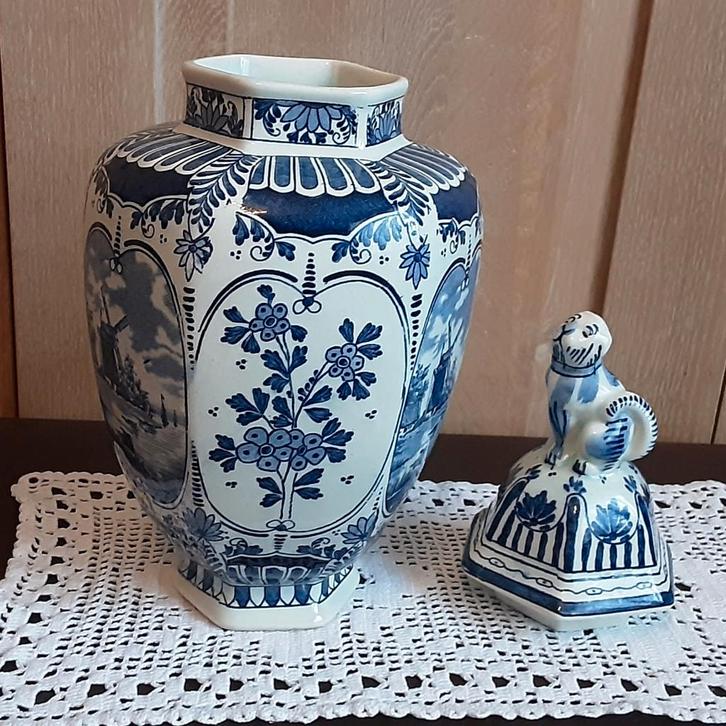 Vintage Royal Sphinx Boch Delft Blauwe vaas met deksel H35cm, Antiek en Kunst, Antiek | Porselein, Ophalen of Verzenden