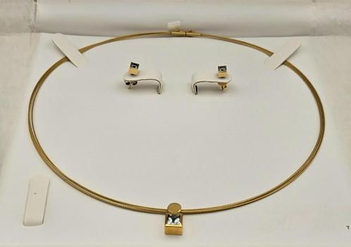 Gouden vintage ketting en oorbellen met aquamarijn. 2024/442, Handtassen en Accessoires, Kettingen, Zo goed als nieuw, Goud, Blauw
