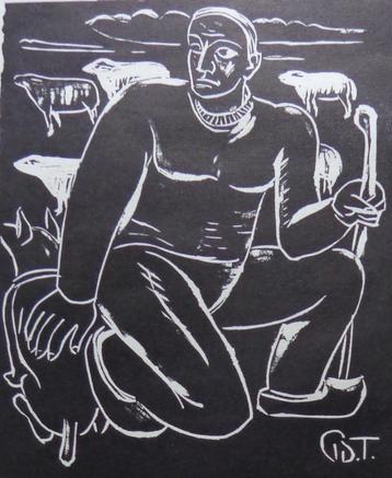 PROSPER DE TROYER / GOEDE HERDER / ZW-W LINOSNEDE / 36x31cm beschikbaar voor biedingen