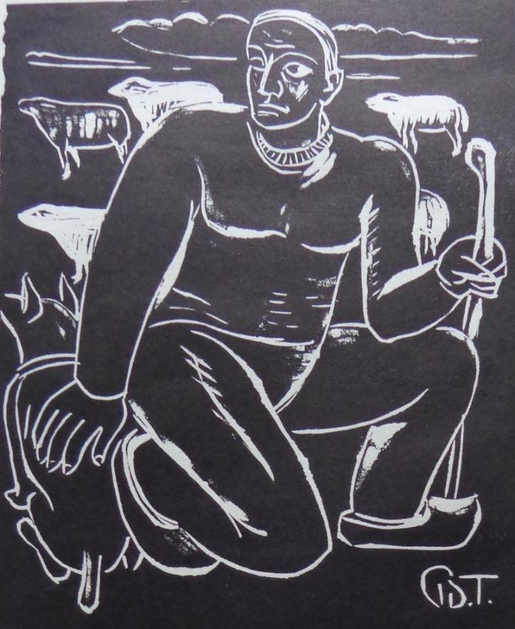 PROSPER DE TROYER / GOEDE HERDER / ZW-W LINOSNEDE / 36x31cm, Antiek en Kunst, Kunst | Litho's en Zeefdrukken, Ophalen of Verzenden