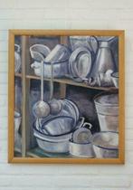 SALE Brocante schilderij, wit blauw emaille, Ans de Koning, Antiek en Kunst, Ophalen of Verzenden