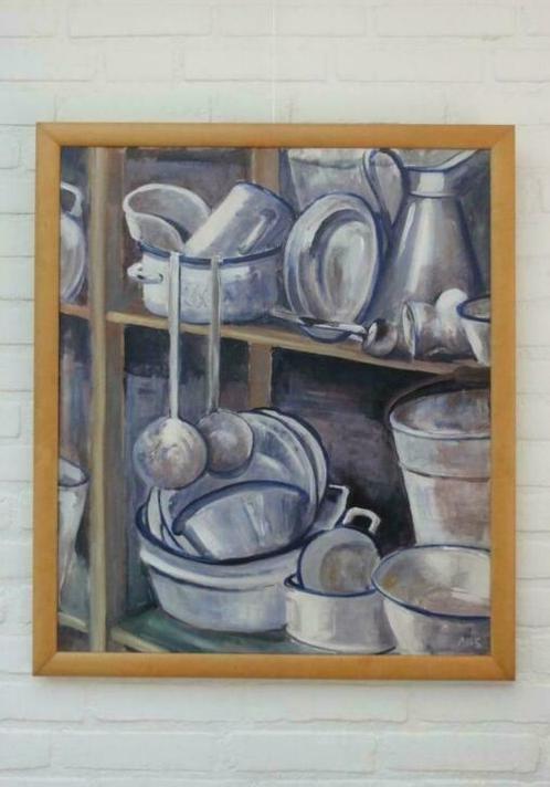 SALE Brocante schilderij, wit blauw emaille, Ans de Koning, Antiek en Kunst, Kunst | Schilderijen | Klassiek, Ophalen of Verzenden
