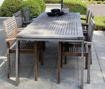 stevige houten tafel en zes stoelen met parasol, Tuin en Terras, Tuintafels, Ophalen, Gebruikt, Hout