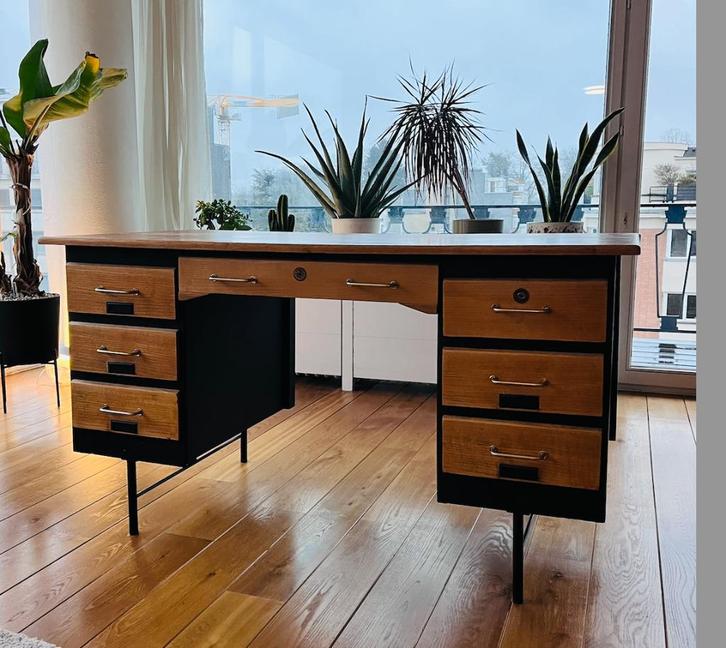 Bureau vintage Spirol – Fécamp – Bois & noir – 140 cm, Huis en Inrichting, Bureaus, Gebruikt, Bureau, Ophalen
