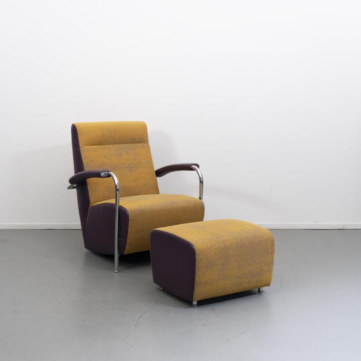 1x Leolux Scylla hoge rug + bijpassende hocker geel/paars, Maison & Meubles, Canapés | Repose-pieds & Poufs