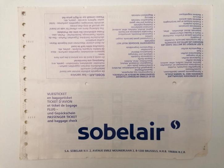 Sabena Sobelair Ticket Flight Coupon #02-SLR00167055, Verzamelen, Sabenasouvenirs, Zo goed als nieuw, Ophalen of Verzenden
