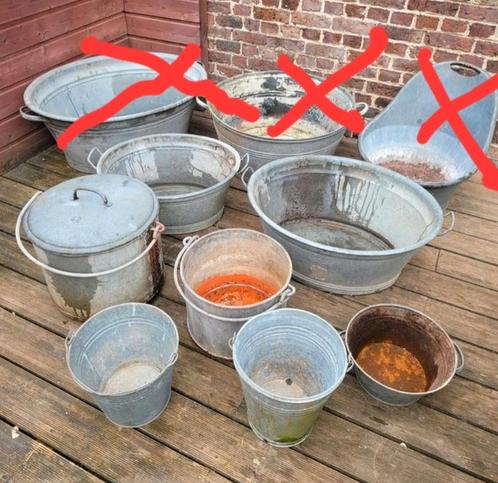 Oude gegalvaniseerde emmers en bassins, Antiek en Kunst, Antiek | Overige Antiek, Ophalen
