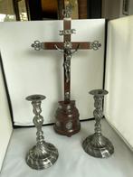 tin kandelaars kruisbeeld jaren 40, Antiquités & Art, Enlèvement, Autres matériaux