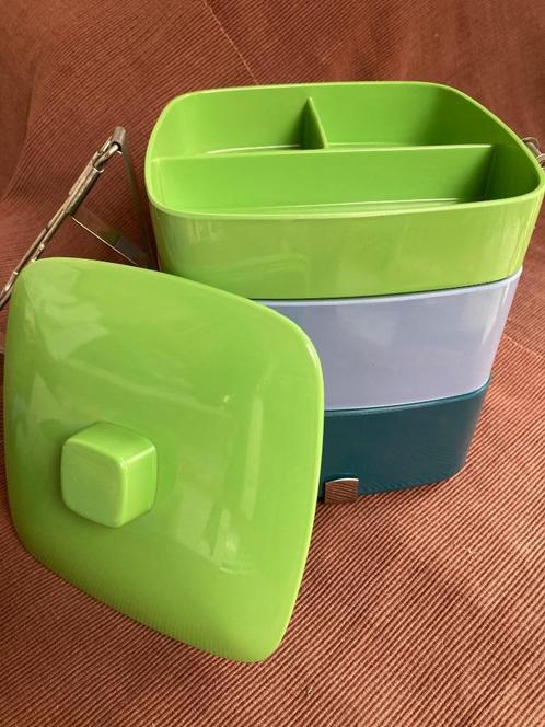 Lunchbox in 3 delen, Maison & Meubles, Cuisine| Tupperware, Comme neuf, Autres types, Bleu, Vert, Enlèvement ou Envoi