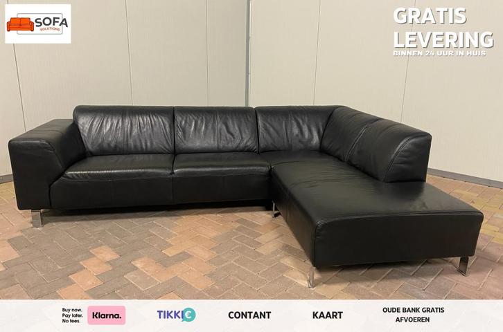 Zwart Echt Lederen Hoekzetel -Brede Zit -Gratis Levering BE, Huis en Inrichting, Zetels | Zetels, Zo goed als nieuw, Hoekbank