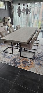 Vergrijsde eiken eettafel met stoelen, Huis en Inrichting, Ophalen, 100 tot 150 cm, Eikenhout, 200 cm of meer