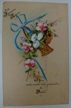 Pasen  oude prentkaart Heureuses Pâques bloemen beschreven, Gelopen, Feest(dag), Ophalen of Verzenden, 1920 tot 1940