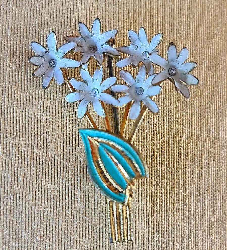 Broche vintage fleurs émaillées, Bijoux, Sacs & Beauté, Enlèvement ou Envoi, Comme neuf, 4 à 7 cm, Avec strass