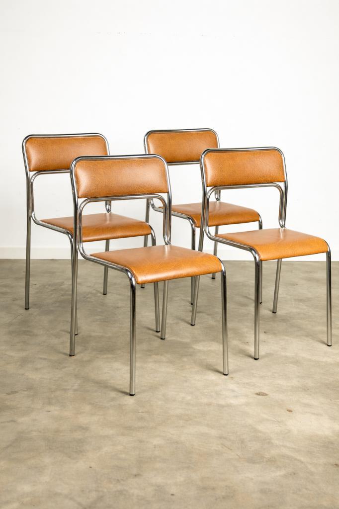 Prachtige set vintage keukenstoelen, Huis en Inrichting, Stoelen, Gebruikt, Vier, Leer, Metaal, Bruin, Ophalen