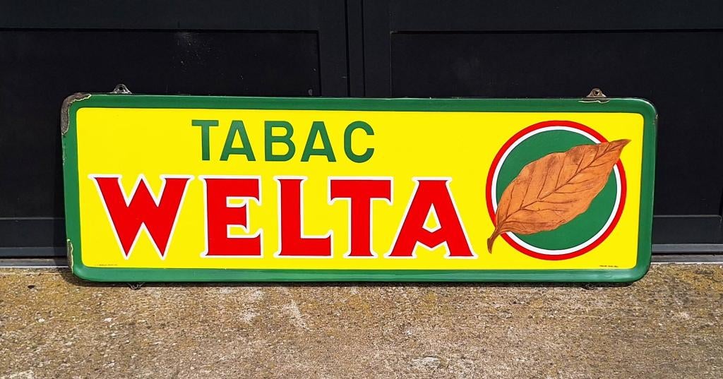 Groot horizontaal emaille reclamebord van Tabac Welta., Collections, Marques & Objets publicitaires, Enlèvement, Utilisé, Panneau publicitaire
