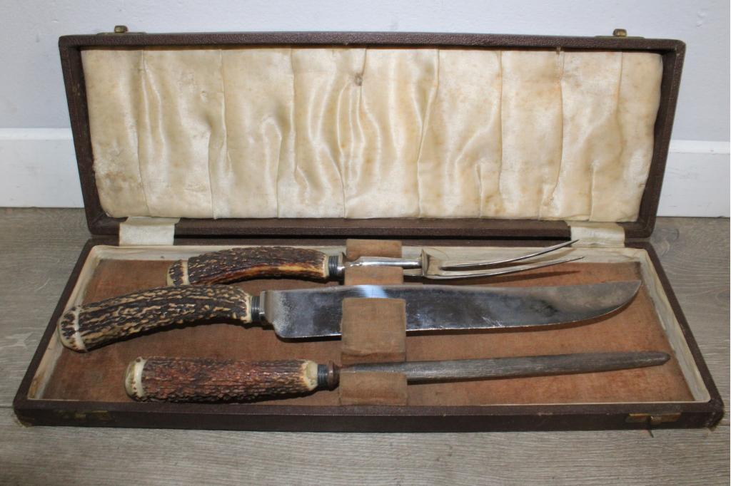 Vintage 3-Delig Hertengewei Vleesbestekset, Antiquités & Art, Antiquités | Couverts, Enlèvement ou Envoi