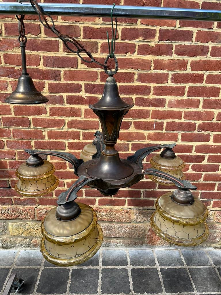 Lustre Vintage Art Déco 5 Bois & Laiton - Globes Ambrés, Enlèvement ou Envoi