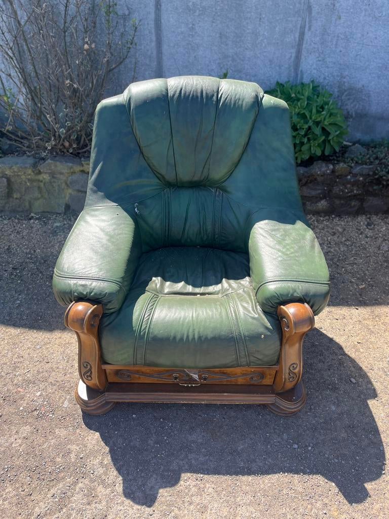 Lot de fauteuils en cuir et bois noble vintage, Maison & Meubles, Fauteuils, Enlèvement, Utilisé, Vintage, old money, Bois