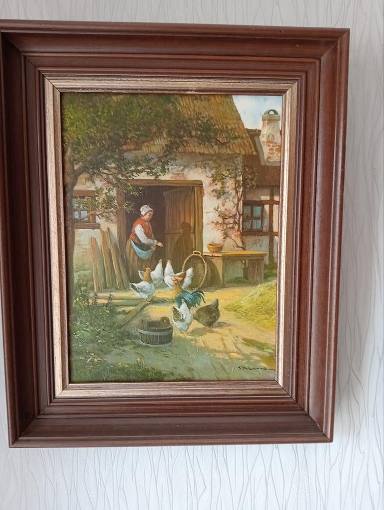 Schilderij boerderij met kippen, Antiek en Kunst, Kunst | Schilderijen | Klassiek, Ophalen of Verzenden