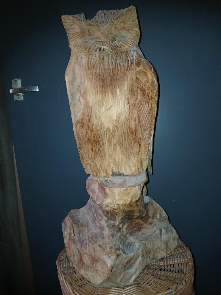 Groot handgesneden beeltenis van uil 65cm hoog., Antiek en Kunst, Ophalen, Beeld