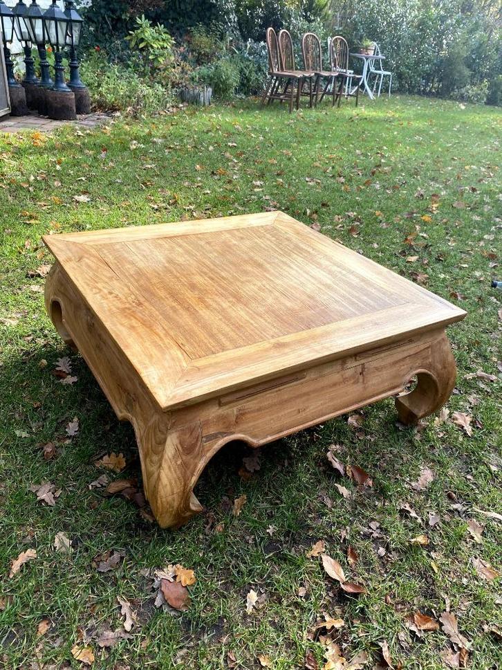 Teakhouten bijzettafel / salontafel – Opiumtafel 80x80 cm, Huis en Inrichting, Tafels | Bijzettafels, Gebruikt, Vierkant, 75 cm of meer