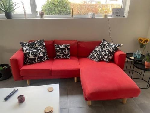 Rode 3-zitsbank / zetel IKEA met chaise-long, Huis en Inrichting, Zetels | Zetels en Chaises Longues, Gebruikt, Driepersoons, 200 tot 250 cm