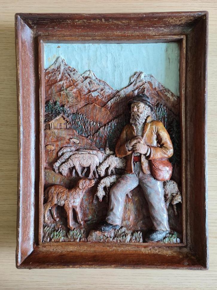 Schilderij houtsnijwerk Herder schapen hond Frankrijk Alpen, Huis en Inrichting, Woonaccessoires | Lijsten, Ophalen of Verzenden