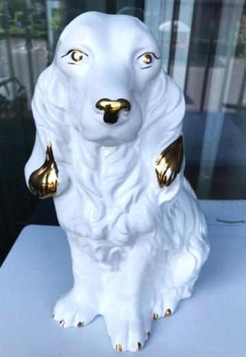 Hond Spaniel Porselein 1960 Goud & Wit H 35✨😍🐶💑🎁🤗👌 beschikbaar voor biedingen