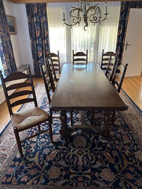 Donkerbruine ebeno eettafel met 8 stoelen, Maison & Meubles, Tables | Tables à manger, Utilisé, 50 à 100 cm, 200 cm ou plus, Cinq personnes ou plus