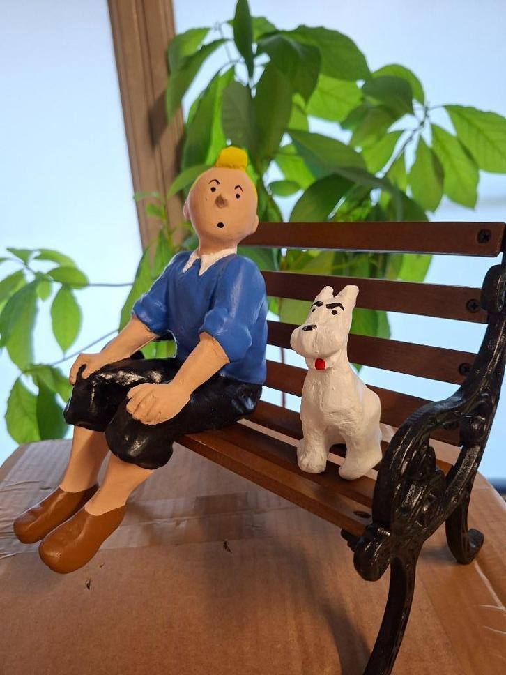 Kuifje en Bobby op een handgeschilderde bank, Antiek en Kunst, Kunst | Schilderijen | Modern, Ophalen of Verzenden