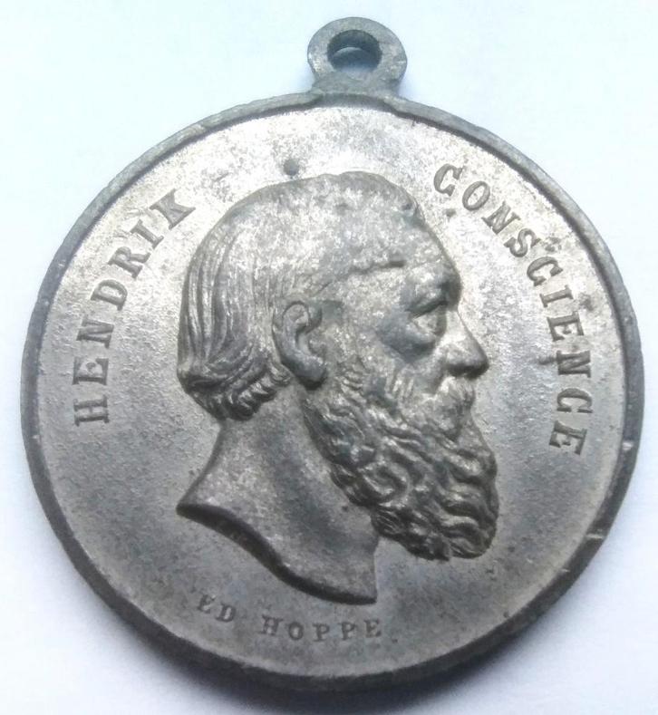 Médaille en 1881 : Hendrik Conscience, folklorique E. Hoppe, Timbres & Monnaies, Pièces & Médailles, Autres matériaux, Enlèvement ou Envoi