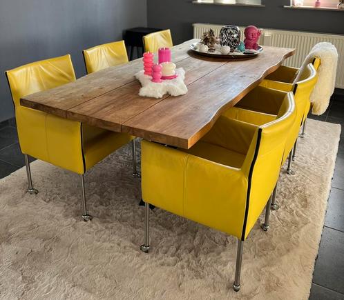 6 gele lederen eetkamer fauteuils, Huis en Inrichting, Stoelen, Gebruikt, Vijf, Zes of meer stoelen, Leer, Overige kleuren, Ophalen