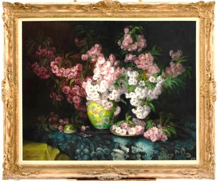 "Appleblossems in a yellow Vase" - Julien Stappers, Antiek en Kunst, Kunst | Schilderijen | Klassiek, Ophalen