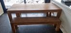 Tafel in teak + 2 zitbanken, Huis en Inrichting, Tafels | Eettafels, Ophalen, Gebruikt, Teakhout, 50 tot 100 cm