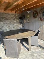 Inoxen tafel met arduinen blad. Doorsnede 2m. En 7 stoelen, Ophalen, Zo goed als nieuw, Inox, 8 zitplaatsen