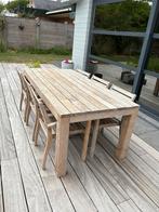 Zware teakhouten tuintafel met 6 stoelen en kussens, Tuin en Terras, Tuintafels, Ophalen, Gebruikt, Rechthoekig