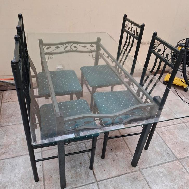 Glazen tafel + 4 stoelen, Huis en Inrichting, Tafels | Eettafels, Glas, Ophalen