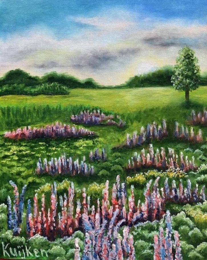 "A Summer Meadow" (Oil painting by Kuijken, 24x30 cm), Antiek en Kunst, Kunst | Schilderijen | Modern, Ophalen of Verzenden