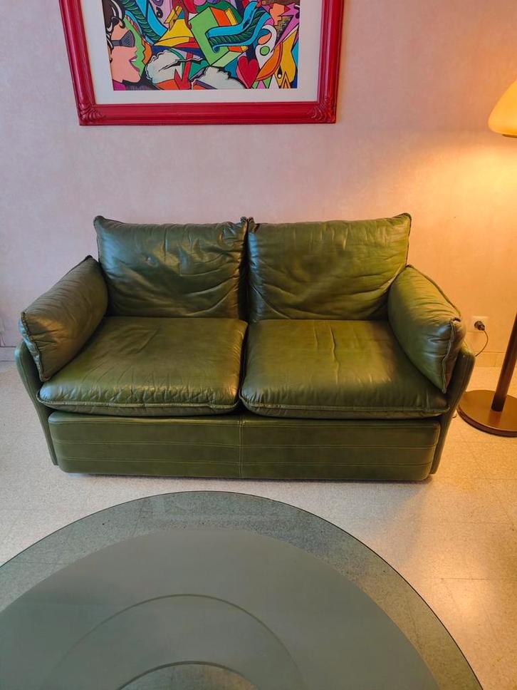 Beau canapé 2 places design vintage en cuir vert mousse des, Maison & Meubles, Canapés | Sofas & Chaises Longues, Cuir, Enlèvement