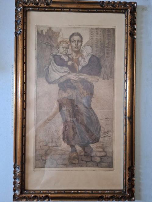 Grote kleurets Henri Geertsen "Vrouw met twee kinderen", Antiek en Kunst, Kunst | Etsen en Gravures, Ophalen