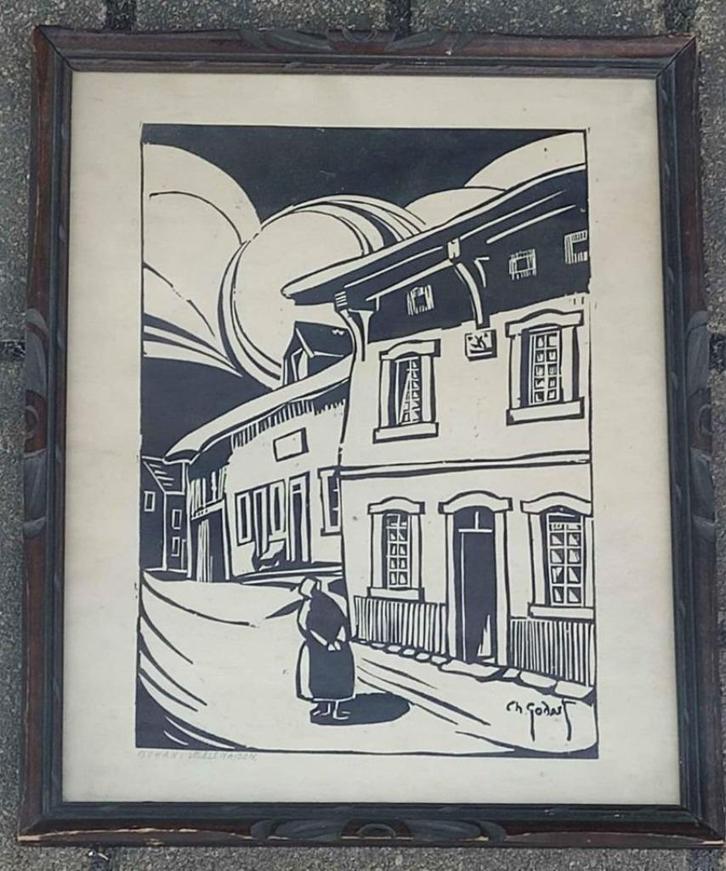 Lithographie bohan vieille maison signe ch godart, Antiek en Kunst, Kunst | Litho's en Zeefdrukken, Ophalen of Verzenden