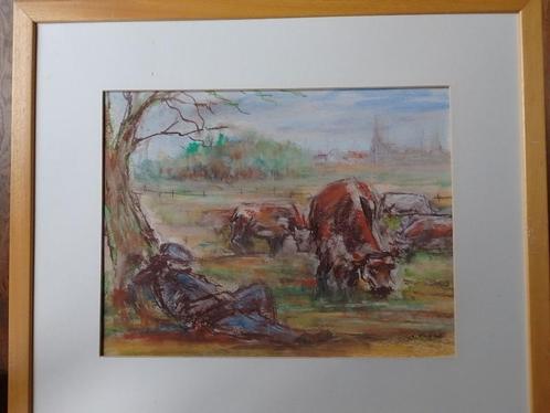 Bert Rbble  1912 - 2004   Aquarel  Rustende boer + koeien, Antiek en Kunst, Kunst | Schilderijen | Klassiek, Verzenden