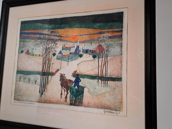 Ets handgekleurd Joris Houwen, Antiek en Kunst, Kunst | Schilderijen | Klassiek, Ophalen