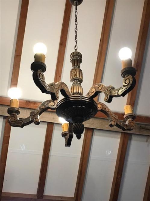luster hout 5 armen, Huis en Inrichting, Lampen | Kroonluchters, Gebruikt, Hout, Ophalen