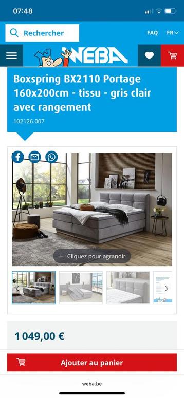 Boxspring 160cmx200cm, Neuf, Gris, Enlèvement, 200 cm