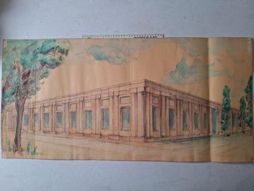 Grote architectonische tekening en aquarel onbekend gebouw beschikbaar voor biedingen