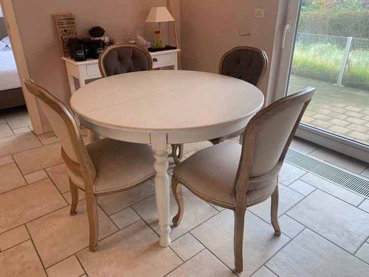 Landelijke ronde tafel met 4 stoelen, Huis en Inrichting, Tafels | Eettafels, Gebruikt, 100 tot 150 cm, Vijf personen of meer