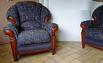 3-zitsbank en 2 fauteuils - Hout + blauwe decoratiestoffe, Huis en Inrichting, Ancien-confortable, Rechte bank, Gebruikt, Vierpersoons of meer