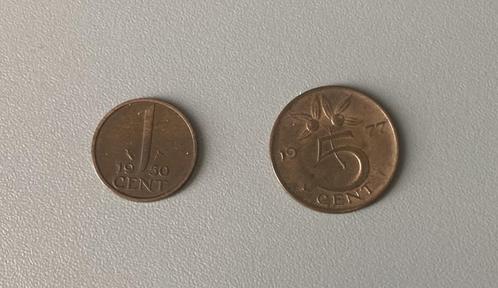 Nederland : 2 (gebruikte) munten : 1 ct (1950) - 5 ct (1977), Postzegels en Munten, Munten | Nederland, Setje, Koningin Juliana