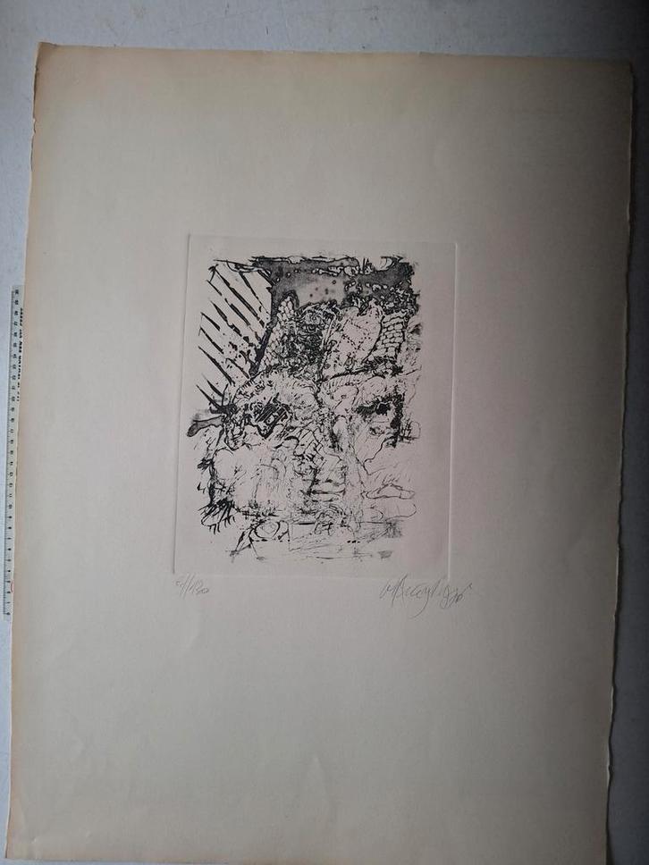 Mooie ets Wilfried Pas met een abstracte compositie 1976, Antiek en Kunst, Kunst | Etsen en Gravures, Ophalen of Verzenden